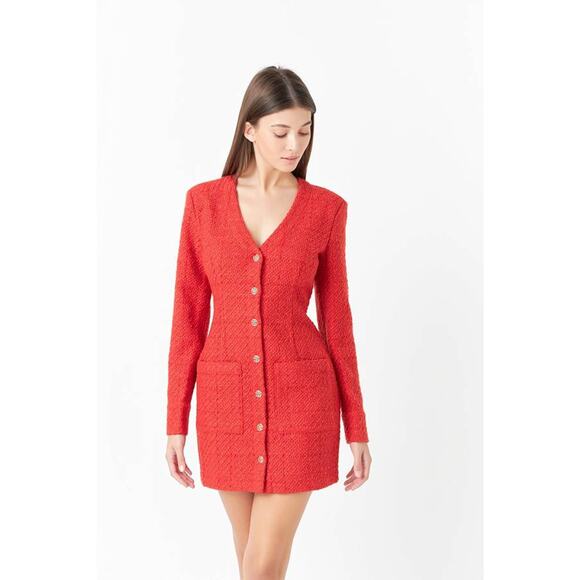 Endless Rose Textured Tweed Button Down Mini Dress in Red TL311D Medium M NEW - Picture 1 of 6